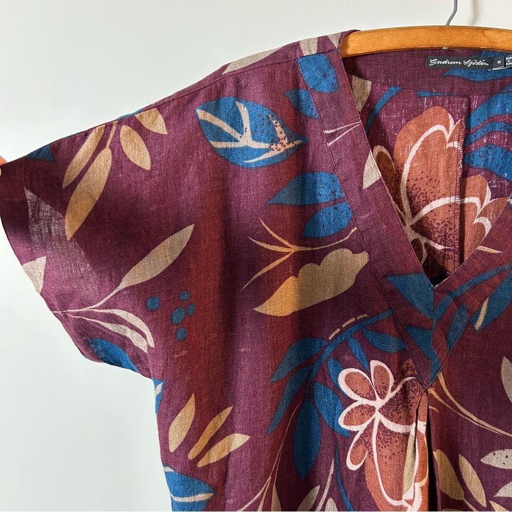 Gudrun Sjoden 100% Linen Floral Batwing Kaftan Dress Womens M Burgundy - Picture 3 of 5